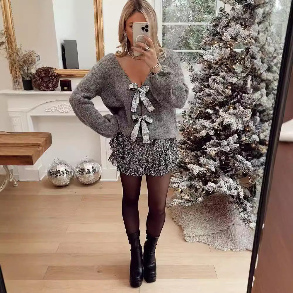 DAMEN PALLIETTEN-BOWKNOT PULLOVER